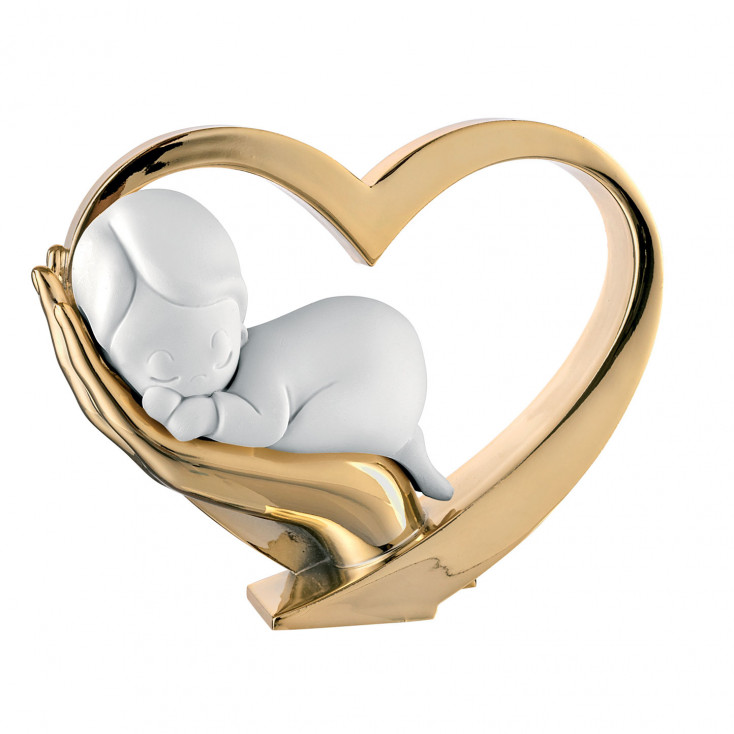 Bomboniera Battesimo - statuina con mano che abbraccia un bimbo con cuore