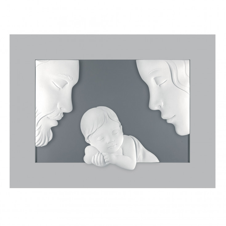 Capezzale moderno figura della sacra famiglia in marmorino e cornice in legno