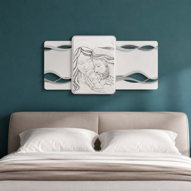 Capezzale moderno per camera da letto con sacra famiglia su pannello in legno