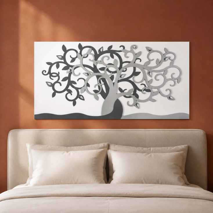 Capezzale per camera da letto moderna con albero della vita su pannello di legno