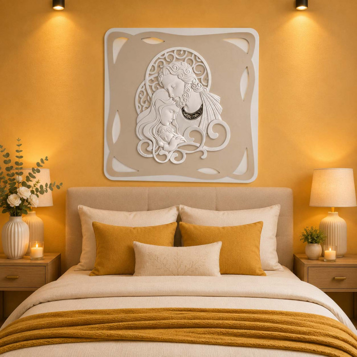 Capezzale per camera da letto moderna con la Sacra Famiglia in legno 62x62