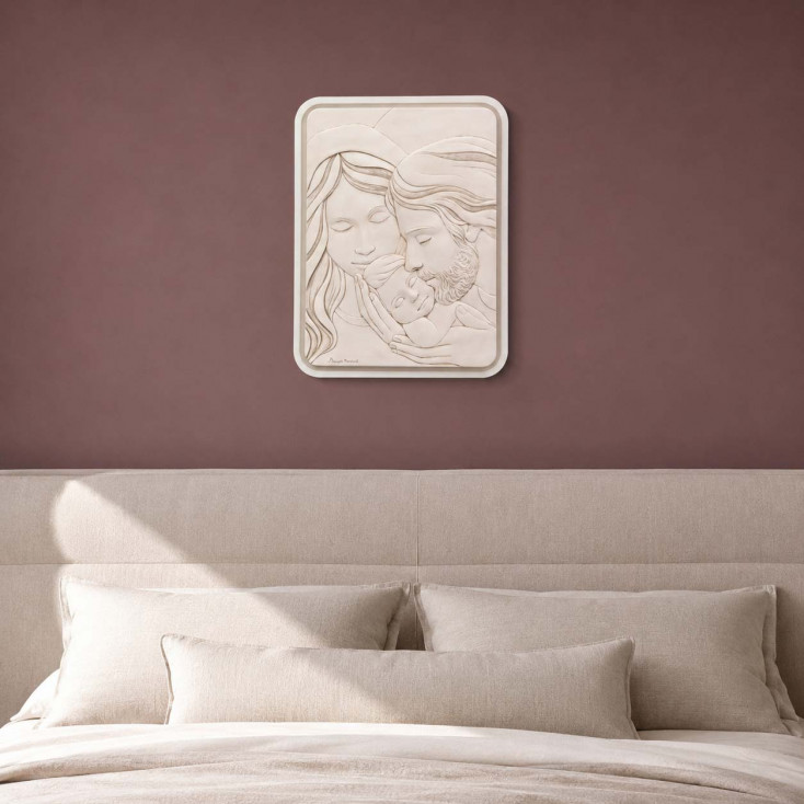 Capezzale quadro con la sacra famiglia moderno in marmorino