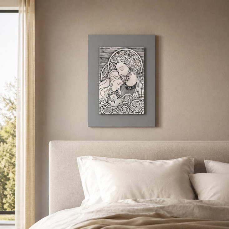 Capezzale quadro sacra famiglia moderno con pannello in legno 30x40