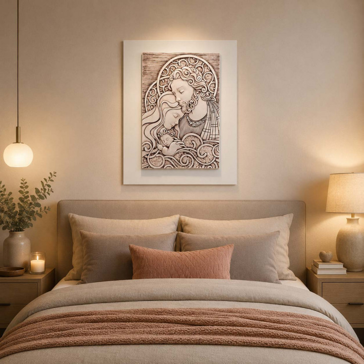 Capezzale quadro sacra famiglia moderno con pannello in legno 30x40