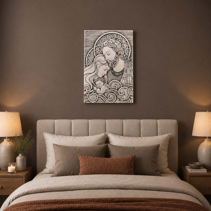Capoletto moderno di design con Sacra Famiglia su pannello in legno 20x30