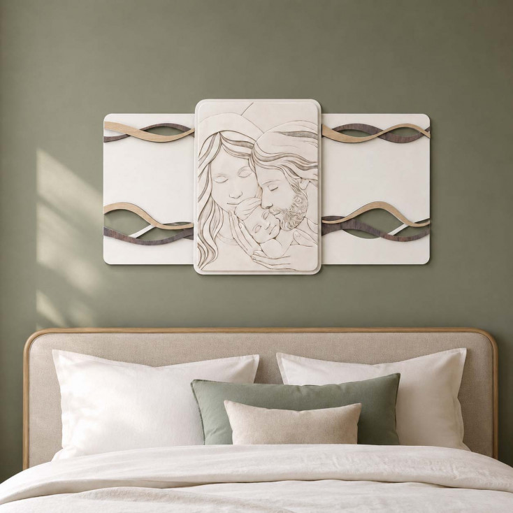 Capoletto moderno di design per camera da letto con sacra famiglia su legno
