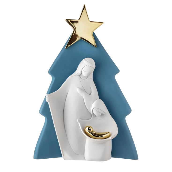 Decorazione natalia grande la sacra famiglia con albero di natale in marmorino