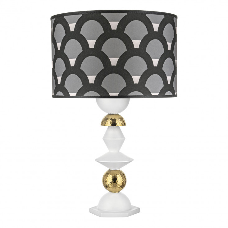 Lampada da tavolo in amrmorino con paralume in tessuto nero e bianco