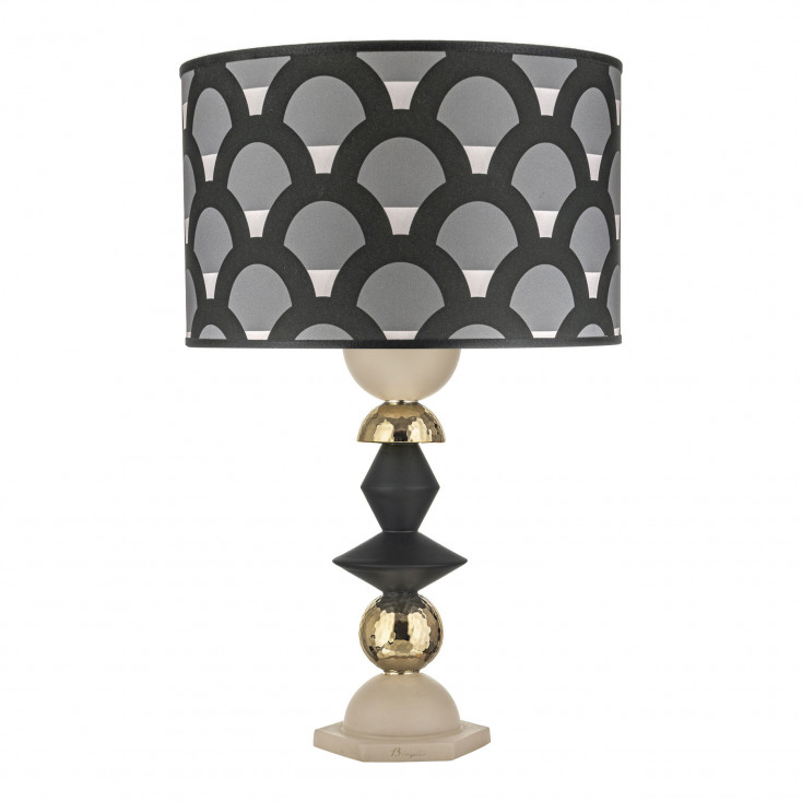 Lampada da tavolo in amrmorino con paralume in tessuto nero e bianco