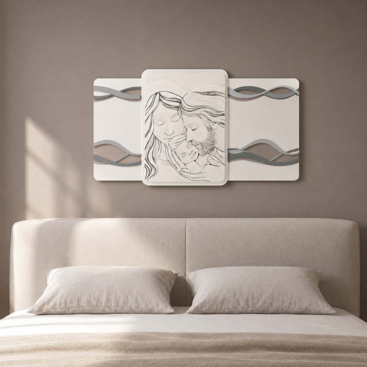 Quadro capoletto moderno con sacra famiglia su pannello in legno 