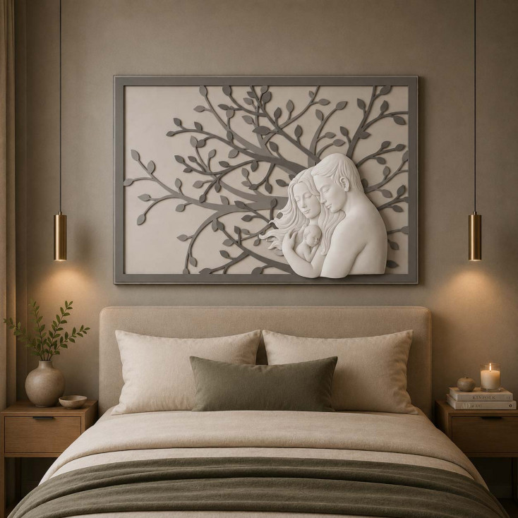 Quadro moderno con pannello in legno con coppia abbracciata in marmorino