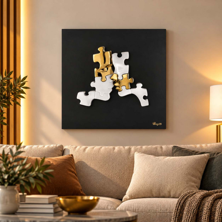 Quadro moderno con pannello in legno e soggetto con visi in marmorino