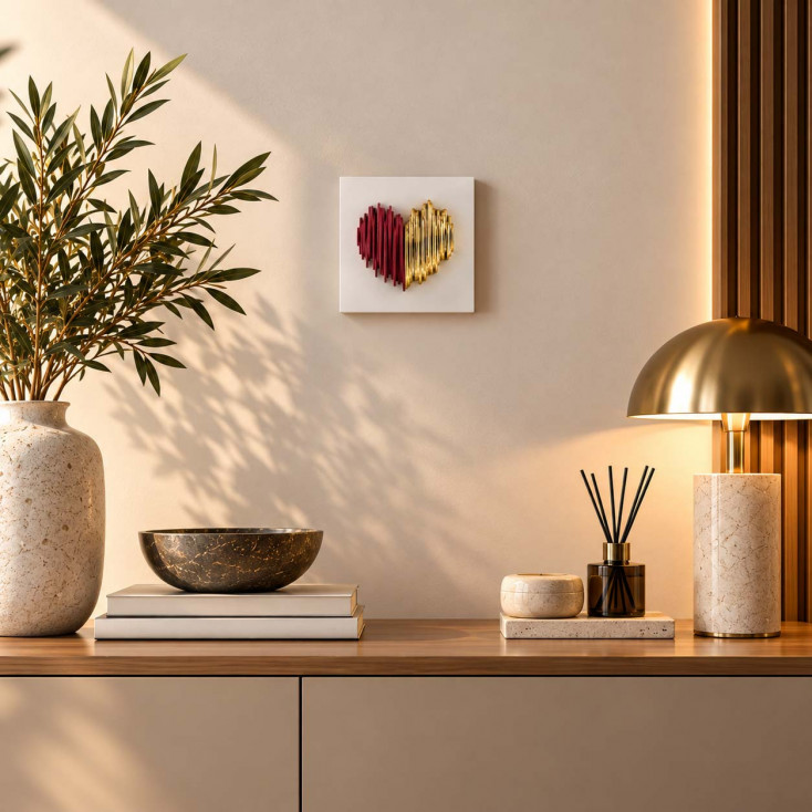 Quadro piccolo moderno con pannello in legno e cuore in marmorino