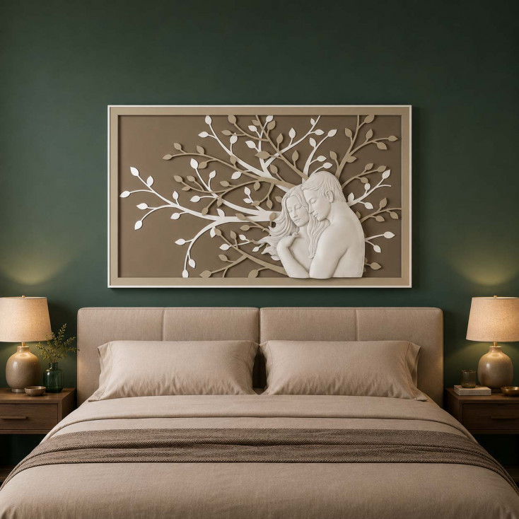 Quadro sacra famiglia moderno con pannello in legno e figura in marmorino