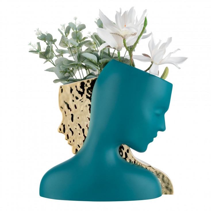 Vaso grande in marmorino dal design moderno con raffigurati due visi