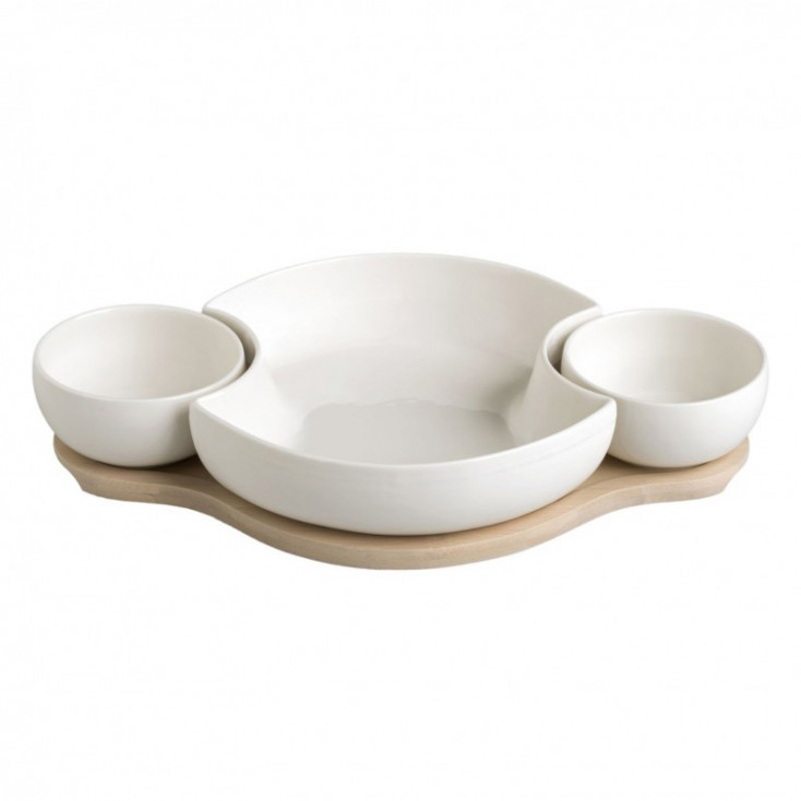 Antipastiera in porcellana con 3 scomparti separati e base in bamboo