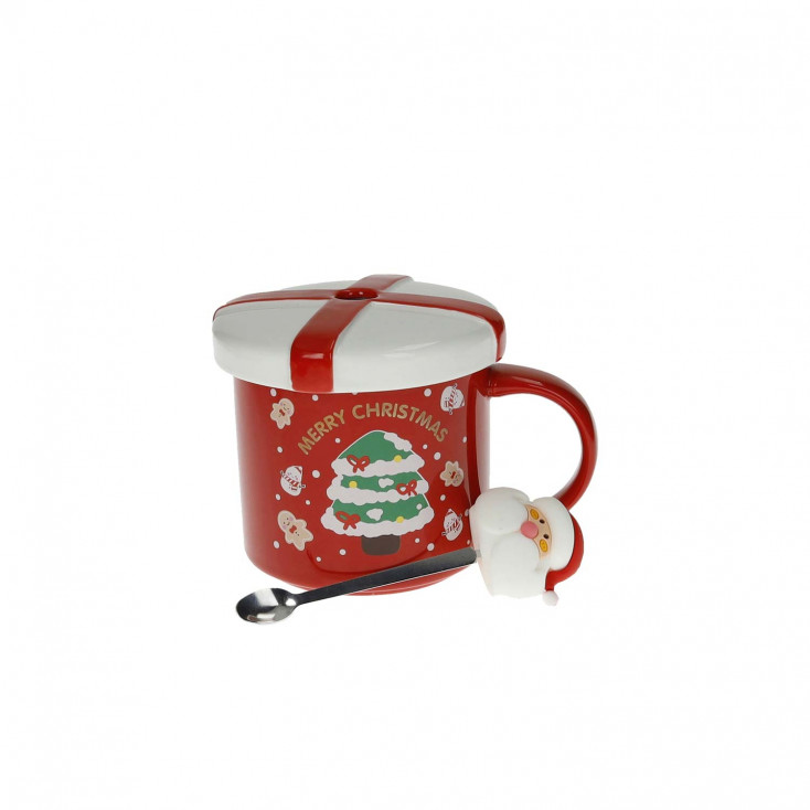 Mug in ceramica con tappo e cucchiaino a tema natalizio