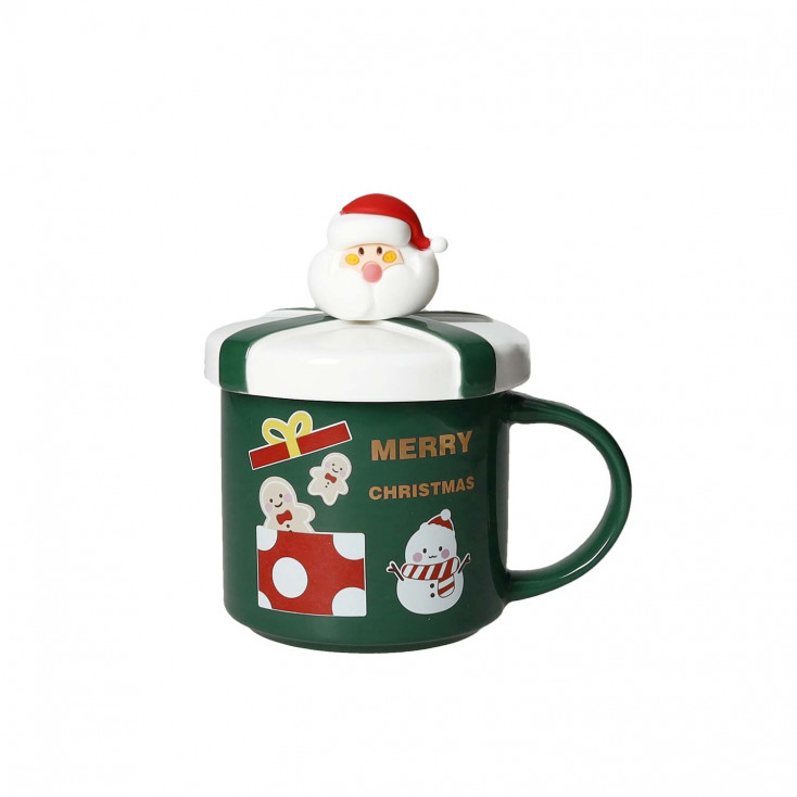 Mug in ceramica con tappo e cucchiaino a tema natalizio