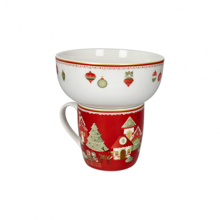 Mug in porcellana con ciotola con decori natalizi