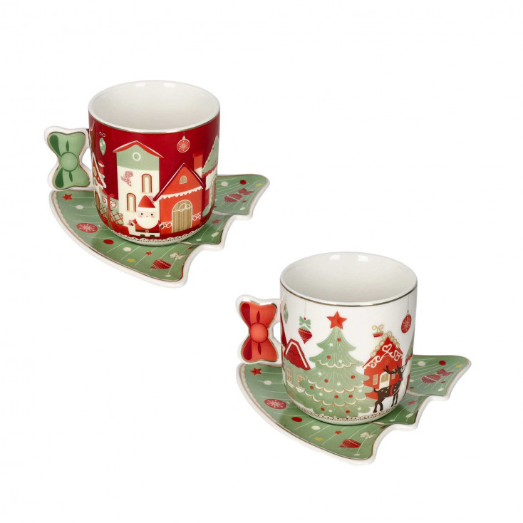 Set 2 tazze in porcellana con piattino a forma di albero di natale