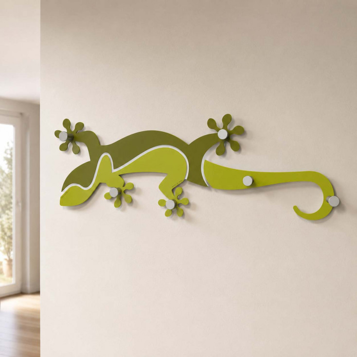 Appendiabiti a muro design moderno con geco in legno e 6 ganci