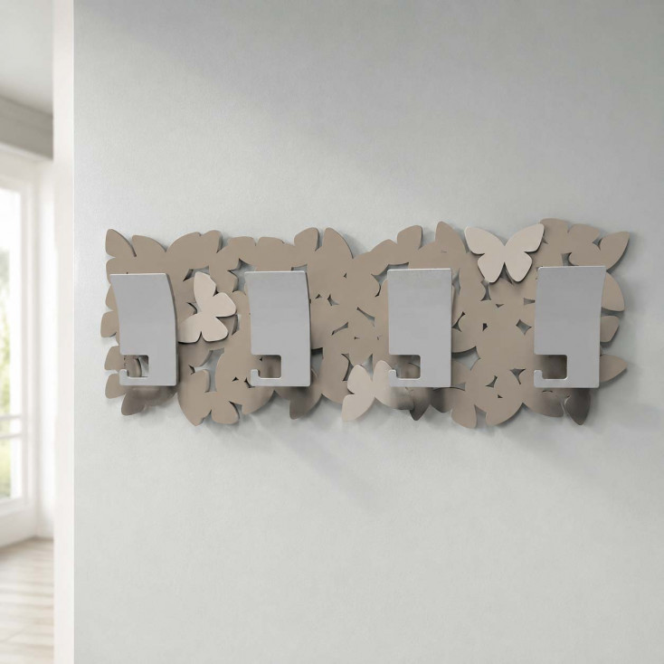 Appendiabiti a parete moderno in legno intagliato con farfalle e 4 ganci