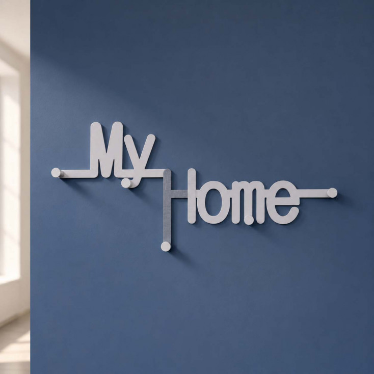 Appendiabiti da parete ingresso con 5 ganci e scritta in legno myhome