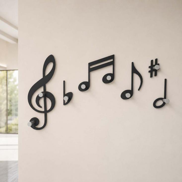 Appendiabiti da parete ingresso moderno con note musicali in legno e 7 ganci