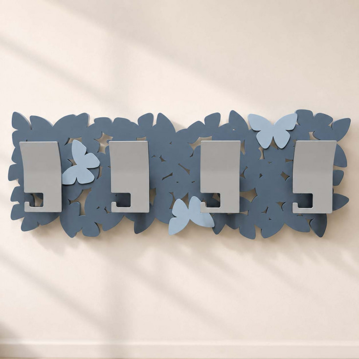 Appendiabiti da parete originale in legno con farfalle e 4 ganci in alluminio