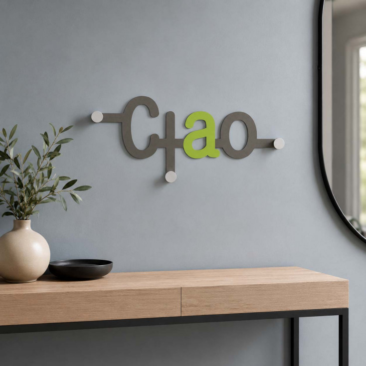 Appendiabiti parete design moderno in legno con scritta e 3 ganci in alluminio
