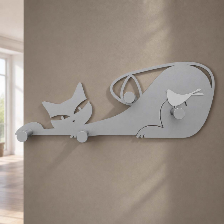 Appendiabiti per ingressi in legno con gatto e uccellino con 4 ganci