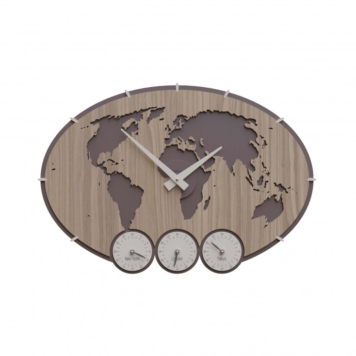 Orologio da parete con fusi orari in legno dal design moderno
