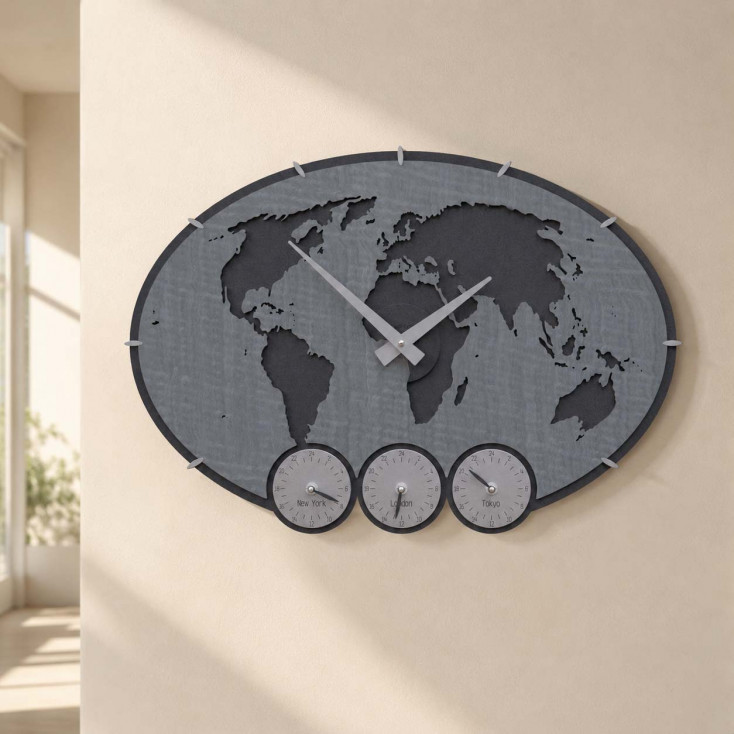 Orologio da parete con fusi orari in legno dal design moderno