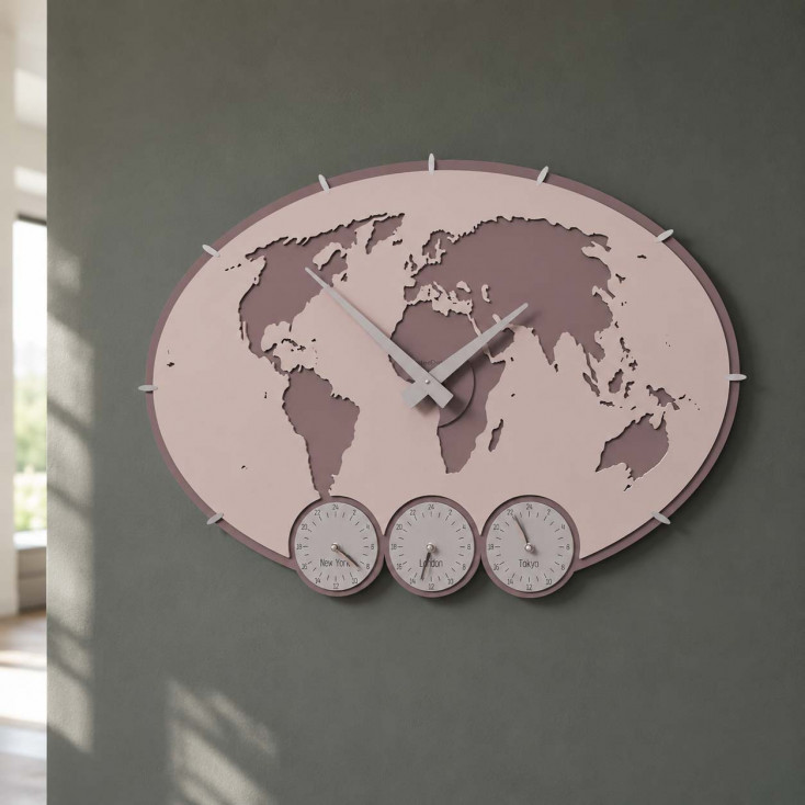 Orologio da parete con fusi orari in legno dal design moderno