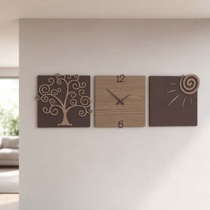 Orologio da parete moderno con tre pannelli in legno