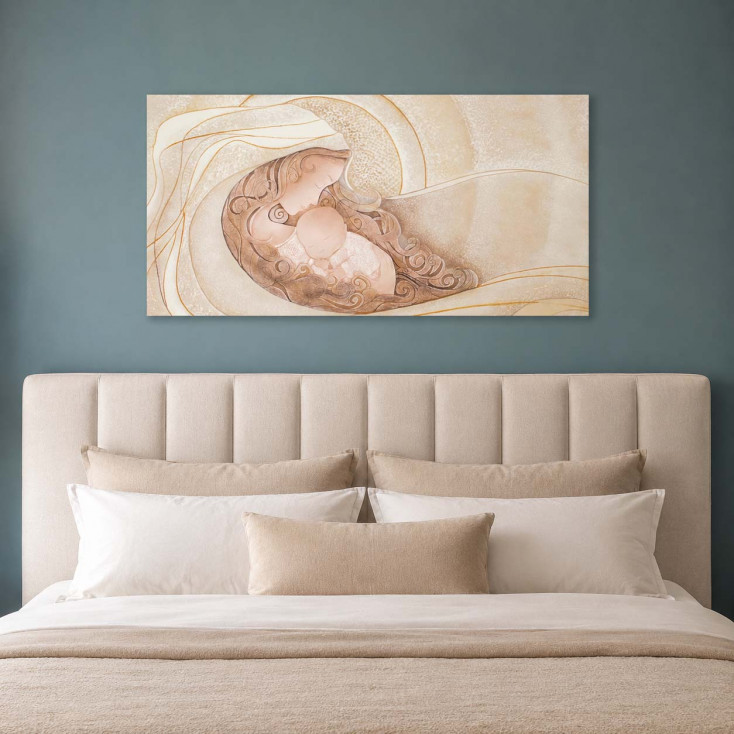Capezzale maternità moderno con bassorilievo dipinto a mano con retro in legno