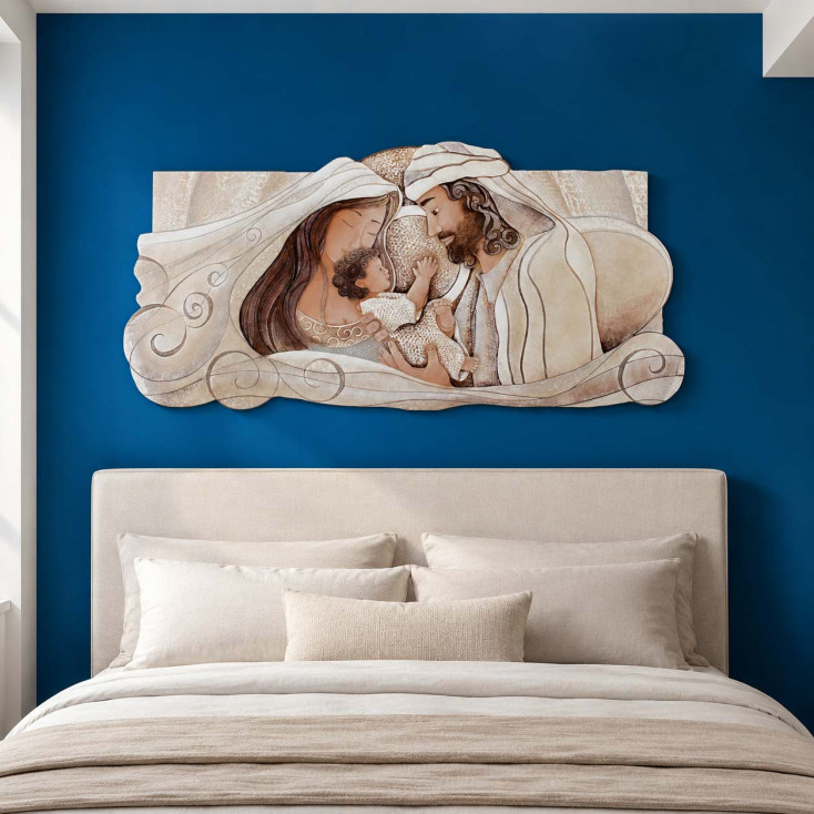 Capezzale moderno di design con sacra famiglia su bassorilievo dipinto a mano 