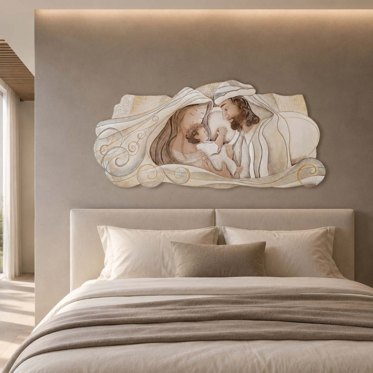 Capezzale quadro sacra famiglia su bassorilievo dipinto a mano retro in legno