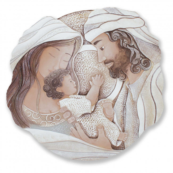 Capezzale rotondo sacra famiglia con bassorilievo dipinto a mano retro in legno