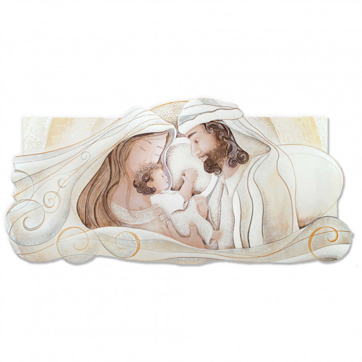 Capezzale sacra famiglia piccola con bassorilievo dipinto a mano retro in legno