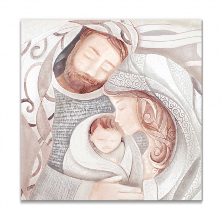 Capezzale Sacra Famiglia quadrato in bassorilievo dipinto a mano retro in legno