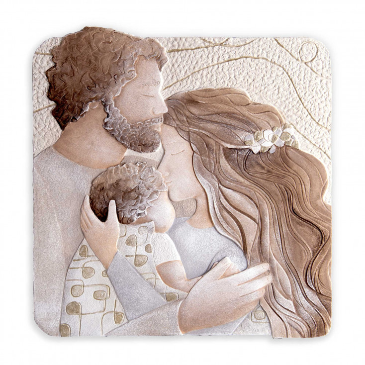 Capezzale Sacra Famiglia quadrato in bassorilievo dipinto a mano retro in legno