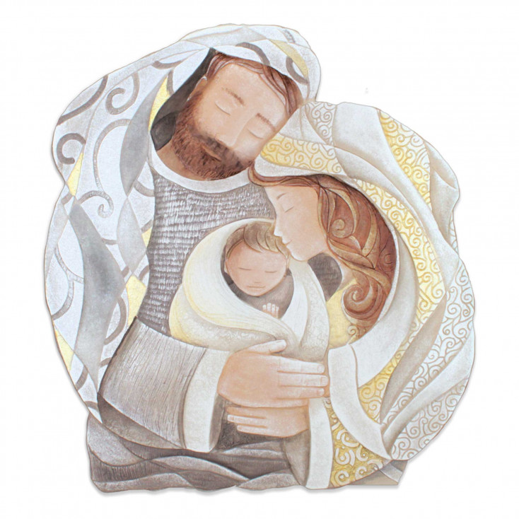 Capezzale Sacra Famiglia rotondo in bassorilievo dipinto a mano retro in legno