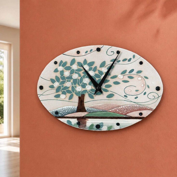 Orologio da parete ovale moderno con bassorilievo con retro in legno massello