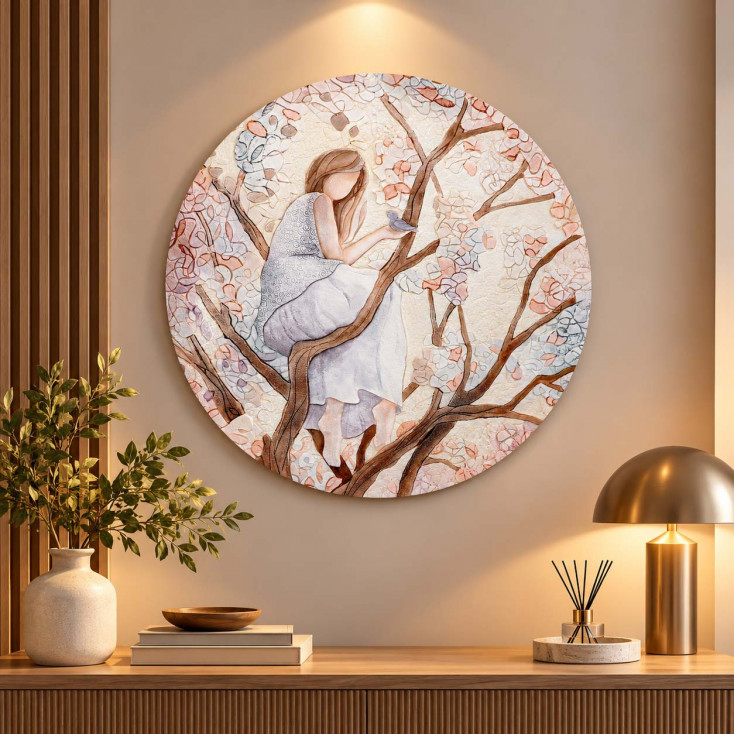 Quadro rotondo con bassorilievo dipinto a mano con retro in legno massello