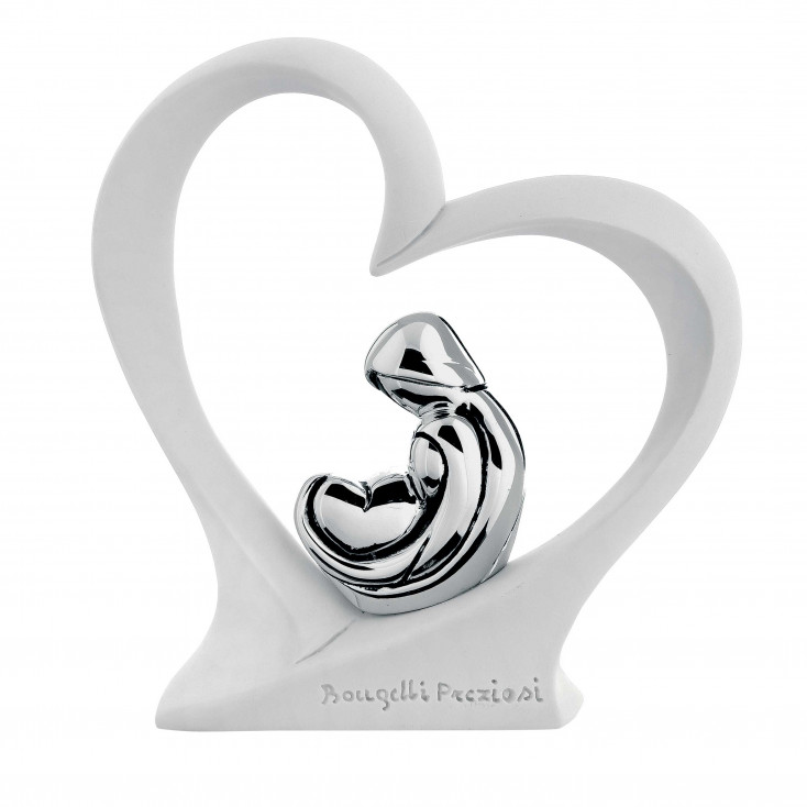 Scultura da tavolo con sacra famiglia in argento dentro ad un cuore