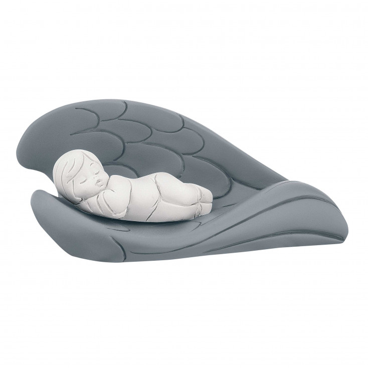 Bomboniera Battesimo - Scultura con bambino che dorme tra le ali colorate
