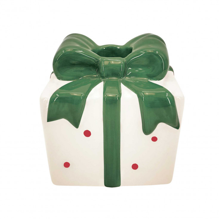 Portacandela a forma di regalo natalizio con fiocco