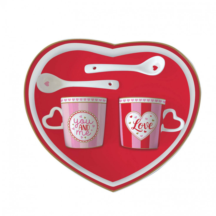 Set 2 tazzine da caffè con piattino con cuore e cucchiaini
