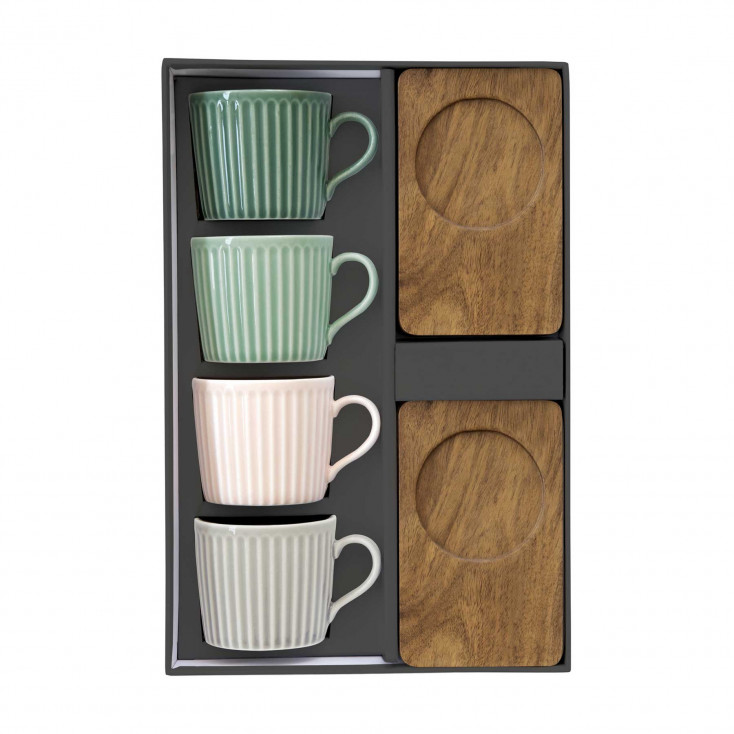 Set 4 tazzine da caffè in porcellana e piattini in acacia dal design moderno